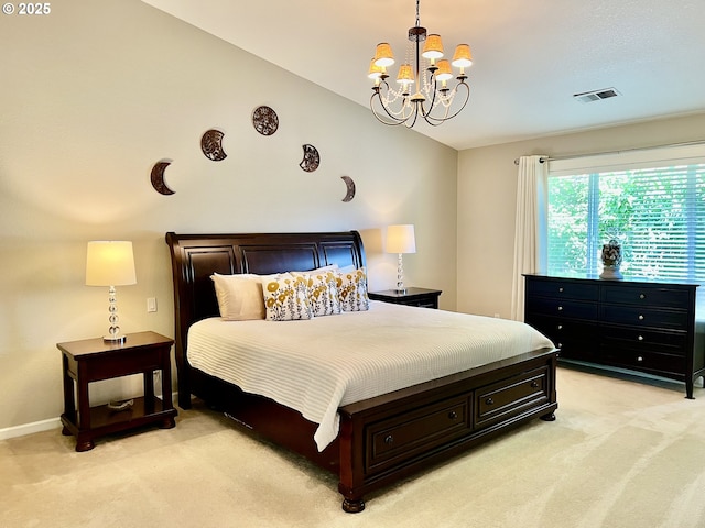 bedroom with light colored carpet, a chandelier, lofted ceiling, and baseboards
