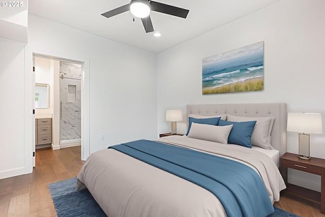 413 S Trade St, Amity, OR 97101 - bedroom featuring wood finished floors, ensuite bath, recessed lighting, a ceiling fan, and baseboards