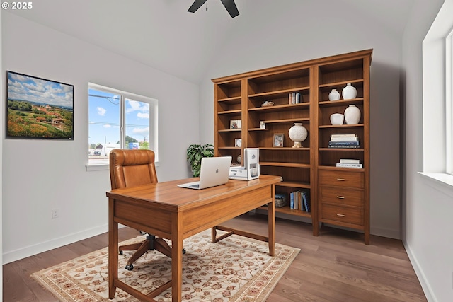 413 S Trade St, Amity, OR 97101 - office featuring ceiling fan, lofted ceiling, baseboards, and light wood finished floors
