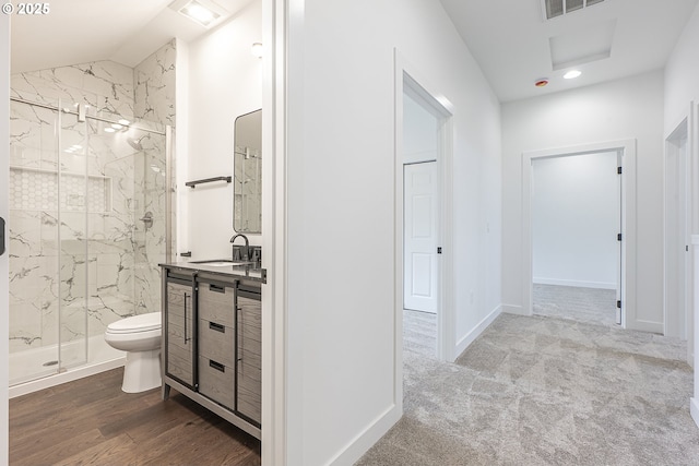 413 S Trade St, Amity, OR 97101 - full bath with a marble finish shower, toilet, vanity, recessed lighting, and lofted ceiling