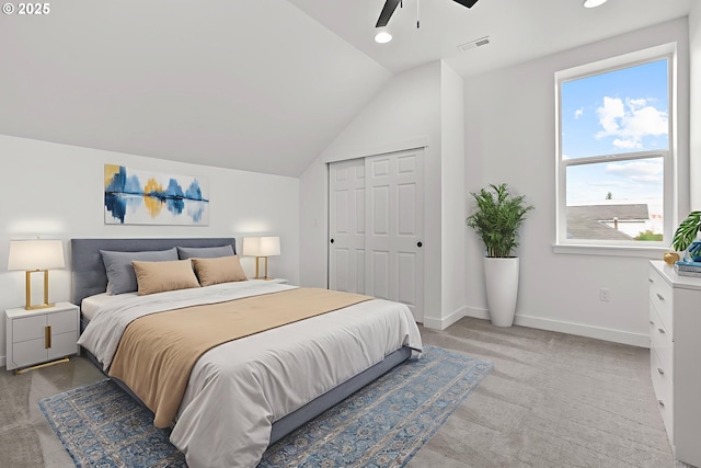 413 S Trade St, Amity, OR 97101 - carpeted bedroom featuring baseboards, lofted ceiling, ceiling fan, recessed lighting, and a closet