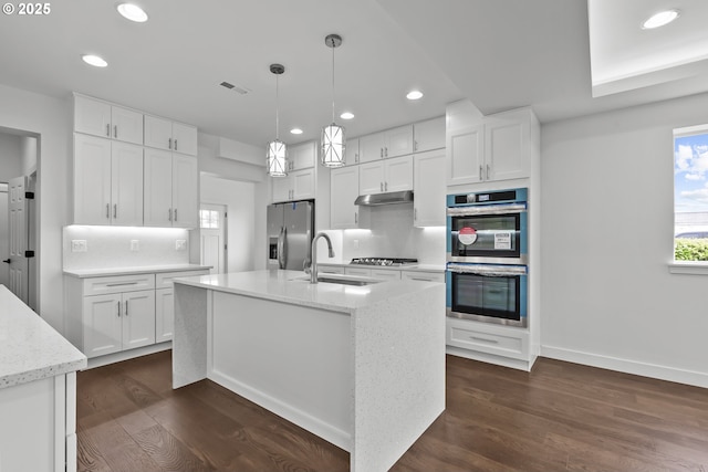 413 S Trade St, Amity, OR 97101 - kitchen with stainless steel appliances, a sink, under cabinet range hood, recessed lighting, and white cabinets