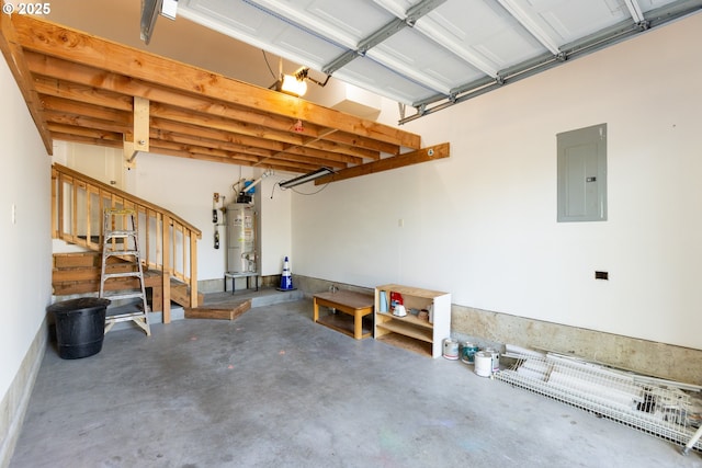 garage featuring electric panel and water heater
