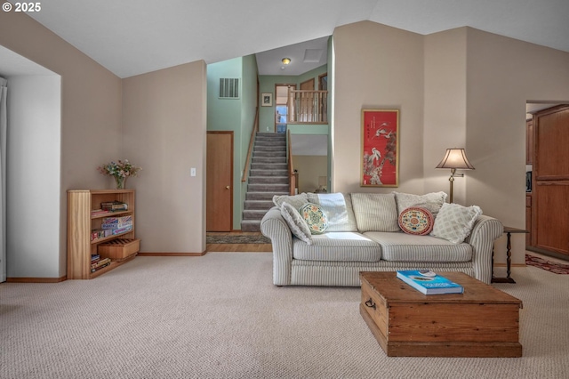 8911 SW 49th Ave, Portland, OR 97219 - living room featuring carpet flooring, stairs, and vaulted ceiling