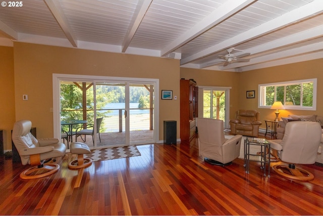 5784 Martin Rd, Florence, OR 97439 - living room featuring wood finished floors, beamed ceiling, and ceiling fan
