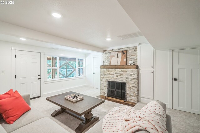18891 Upper Midhill Dr, West Linn, OR 97068 - living area with light carpet, a fireplace, recessed lighting, and baseboards