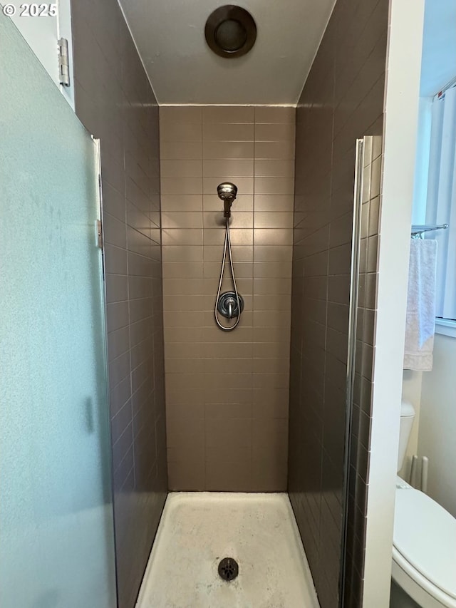 bathroom with toilet and a stall shower