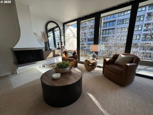 living room featuring a wall of windows and carpet floors