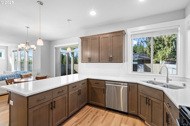 kitchen with backsplash, stainless steel dishwasher, light wood-style floors, a sink, and a peninsula