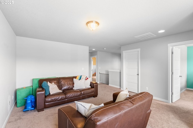 living area featuring carpet, visible vents, baseboards, and recessed lighting