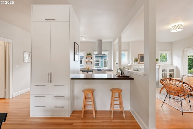 kitchen with light wood-style floors, island range hood, modern cabinets, and a breakfast bar