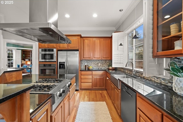 kitchen with appliances with stainless steel finishes, island range hood, pendant lighting, sink, and crown molding