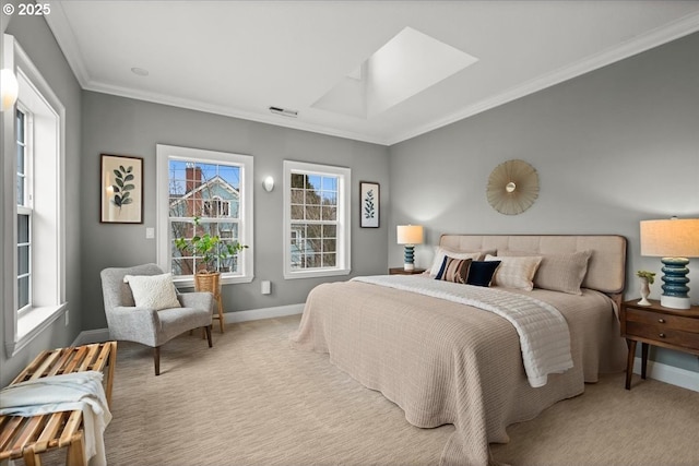 bedroom featuring crown molding, light colored carpet, and a skylight