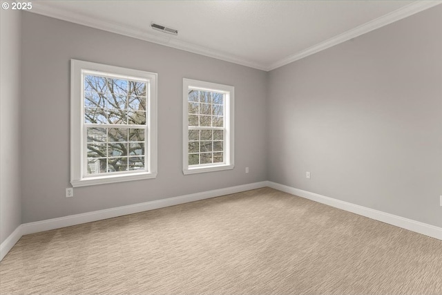 carpeted spare room with ornamental molding