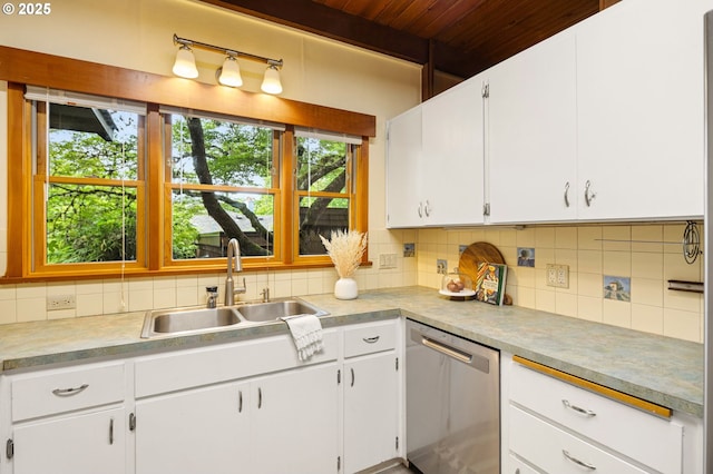 2112 Agate St, Eugene, OR 97403 - kitchen featuring stainless steel dishwasher, decorative backsplash, wooden ceiling, white cabinets, and light countertops