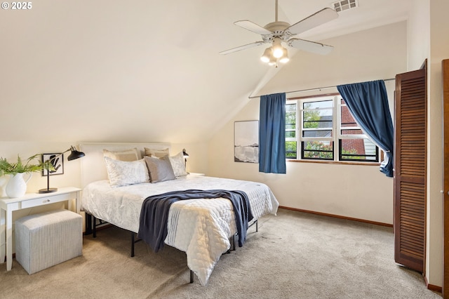 2112 Agate St, Eugene, OR 97403 - bedroom featuring carpet flooring, lofted ceiling, and a ceiling fan