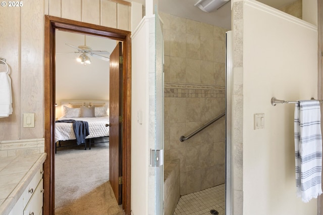 2112 Agate St, Eugene, OR 97403 - ensuite bathroom with a stall shower, vanity, and ceiling fan