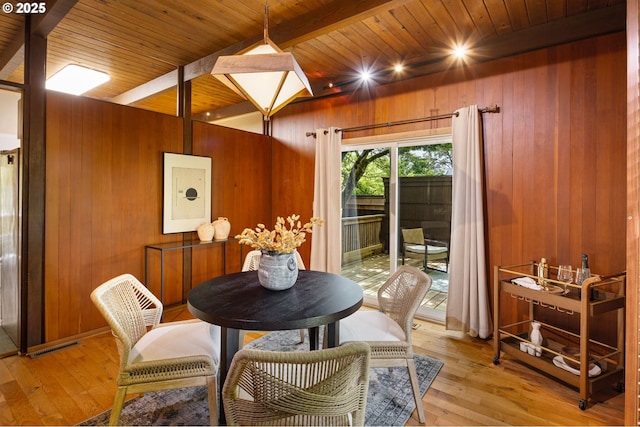 2112 Agate St, Eugene, OR 97403 - dining area featuring a wood ceiling with exposed beams, wooden walls, and light wood finished floors