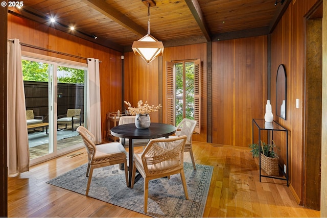 2112 Agate St, Eugene, OR 97403 - dining area featuring wooden walls, a wood ceiling with exposed beams, and light wood-type flooring