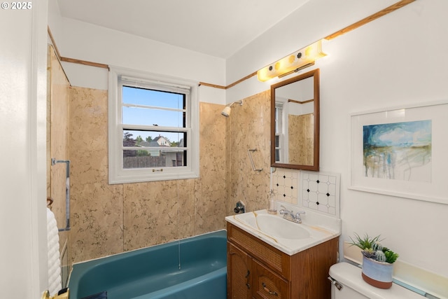 6356 N Omaha Ave, Portland, OR 97217 - bathroom with vanity, washtub / shower combination, toilet, and decorative backsplash