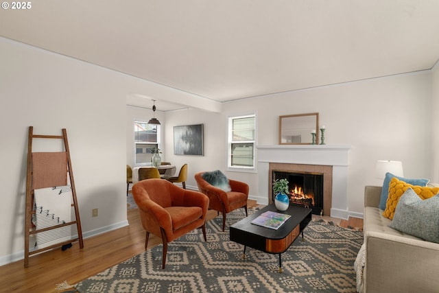 6356 N Omaha Ave, Portland, OR 97217 - living area featuring a fireplace, wood finished floors, and baseboards