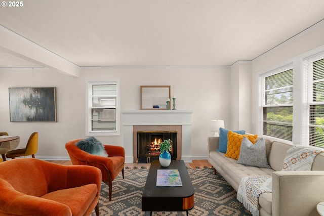 6356 N Omaha Ave, Portland, OR 97217 - living room featuring baseboards, a tile fireplace, and wood finished floors