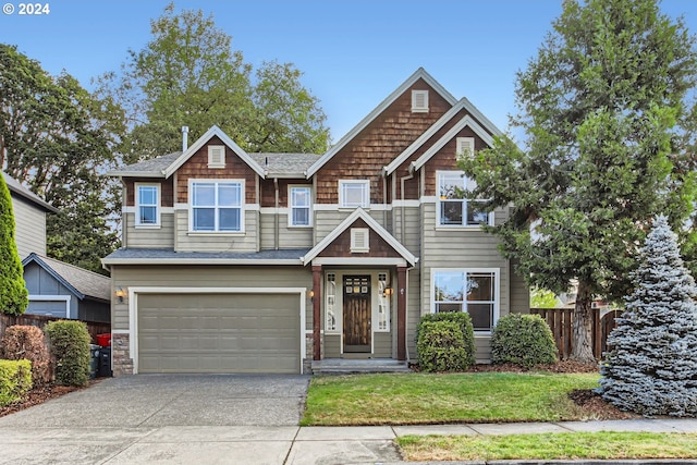 craftsman inspired home featuring a garage and a front lawn