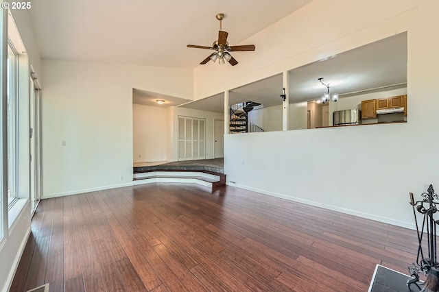 12140 SE Henderson Dr, Portland, OR 97266 - unfurnished living room with wood-type flooring, ceiling fan, and lofted ceiling