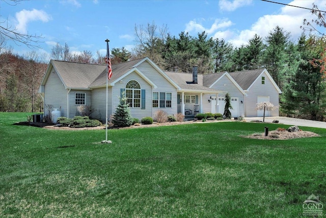 ranch-style house with driveway, a front yard, a porch, and an attached garage