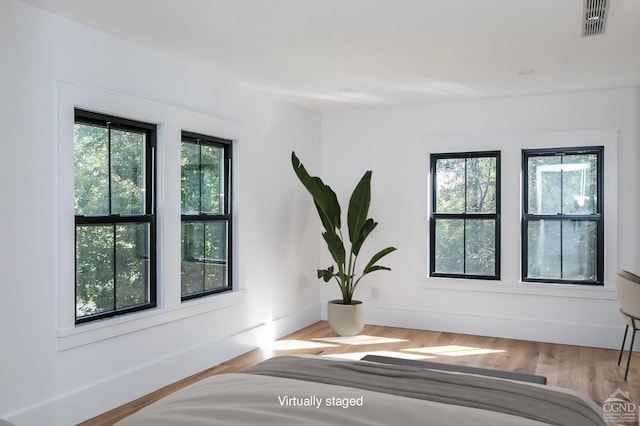 bedroom featuring wood-type flooring and multiple windows