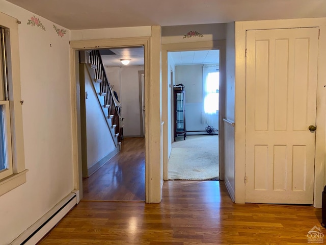 corridor featuring dark hardwood / wood-style flooring and a baseboard radiator