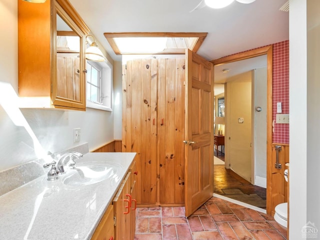 bathroom featuring vanity, a skylight, and toilet