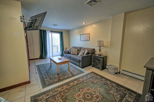 tiled living room with baseboard heating