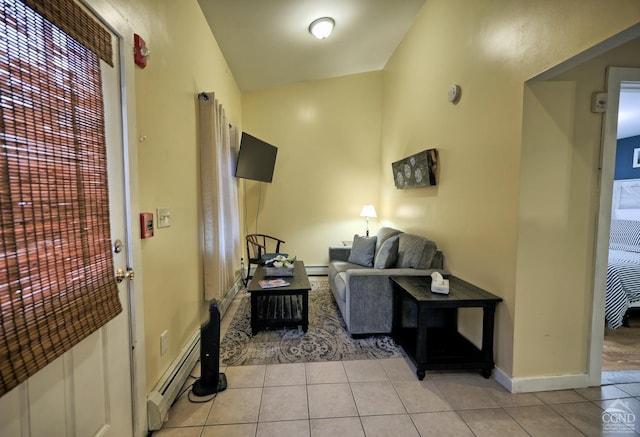 tiled living room with baseboard heating