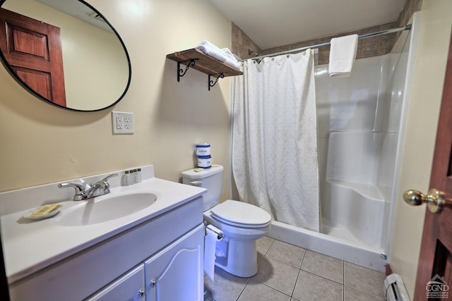 bathroom featuring vanity, a baseboard heating unit, tile patterned floors, toilet, and walk in shower