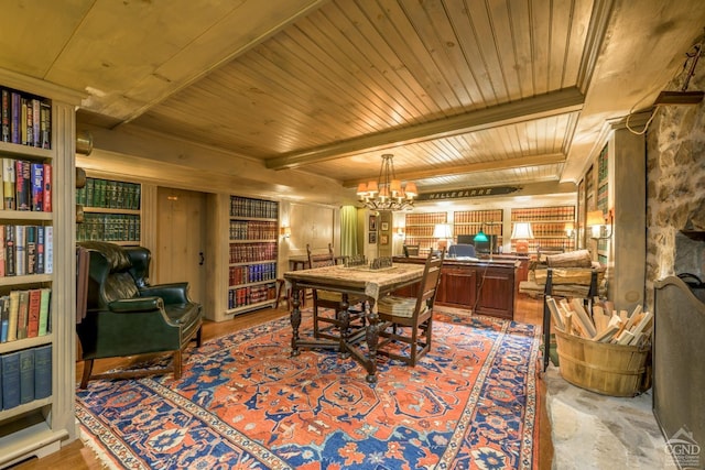 dining room featuring beamed ceiling, light wood-type flooring, wooden ceiling, and a notable chandelier