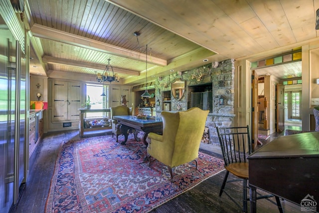 dining area featuring a notable chandelier, dark hardwood / wood-style flooring, and wooden ceiling