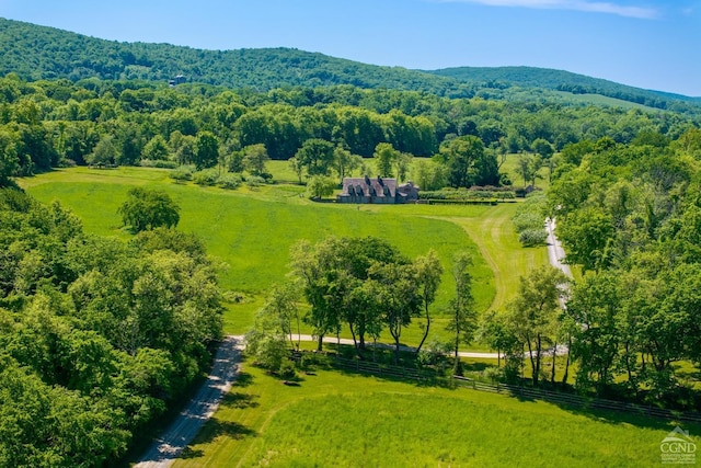 birds eye view of property featuring a mountain view and a rural view