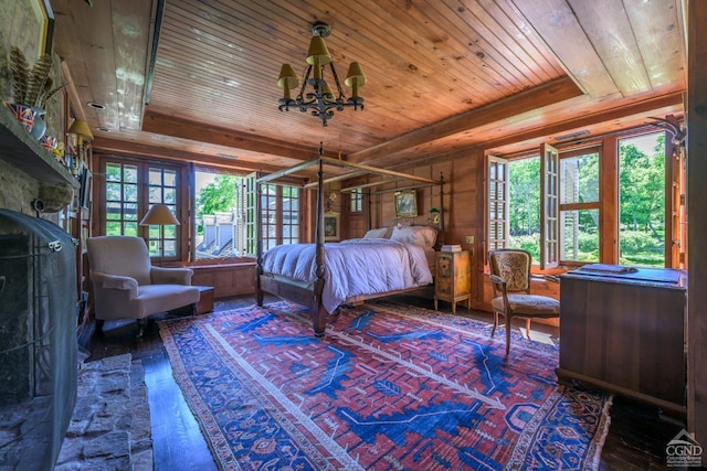 bedroom featuring a chandelier, hardwood / wood-style floors, wooden walls, and wood ceiling