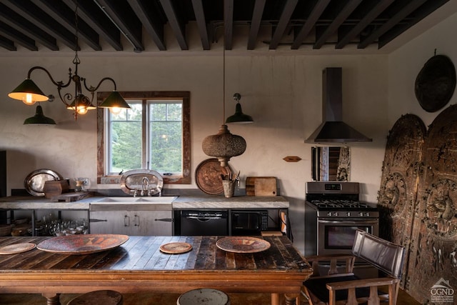 kitchen with sink, stainless steel gas stove, black dishwasher, beamed ceiling, and island range hood