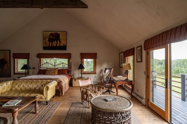 bedroom with a baseboard radiator, light hardwood / wood-style flooring, high vaulted ceiling, beamed ceiling, and access to outside