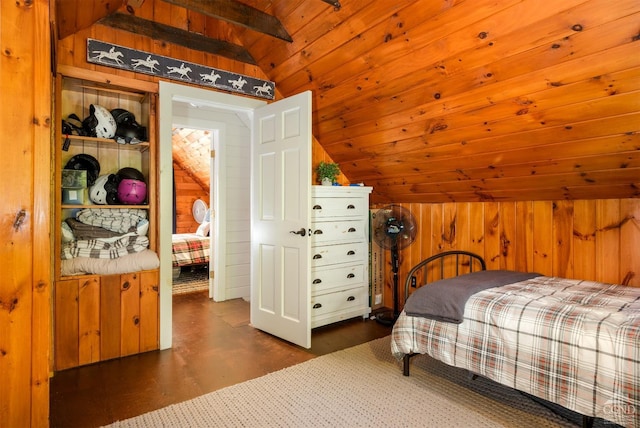 bedroom featuring vaulted ceiling with beams, wooden ceiling, and wooden walls