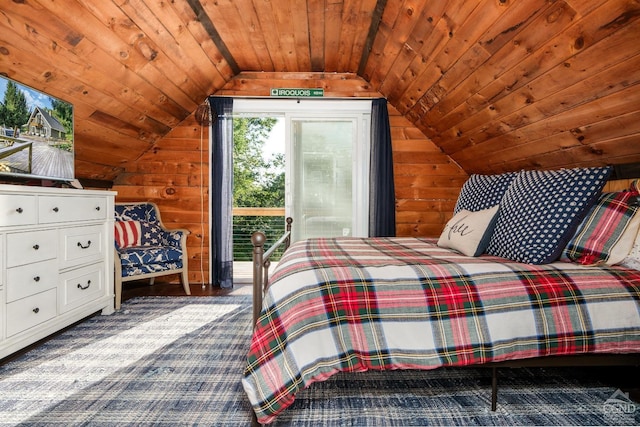 bedroom with wooden walls, carpet floors, wooden ceiling, and vaulted ceiling