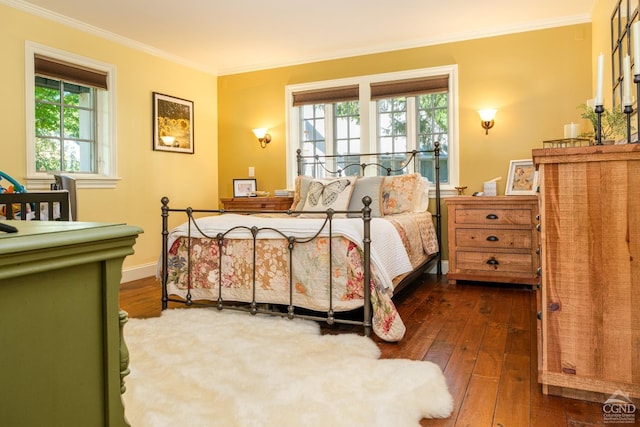 bedroom with crown molding and dark wood-type flooring