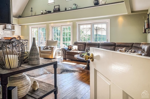 living room featuring wood-type flooring and high vaulted ceiling