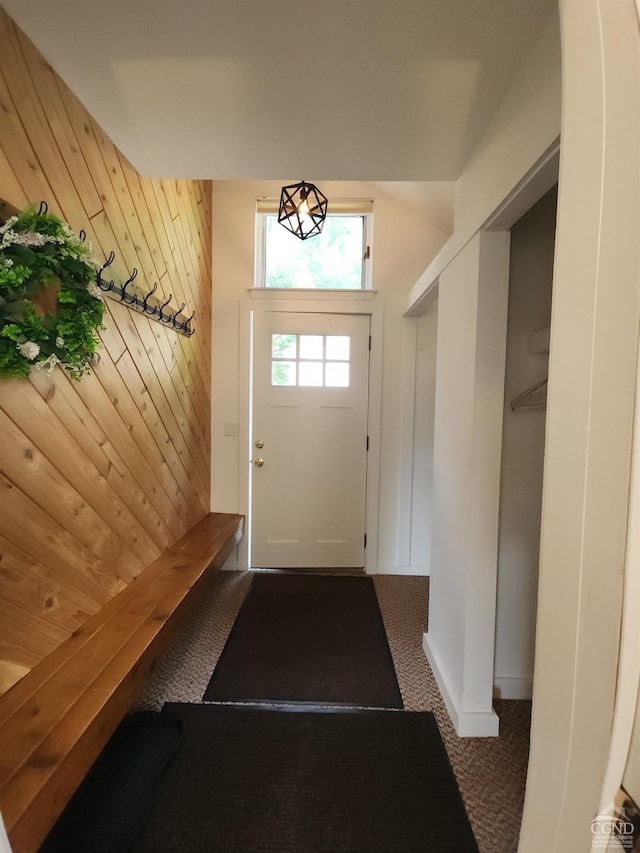 mudroom with wood walls and dark carpet