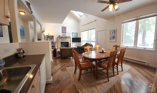 dining space with lofted ceiling, a baseboard heating unit, sink, ceiling fan, and wood-type flooring