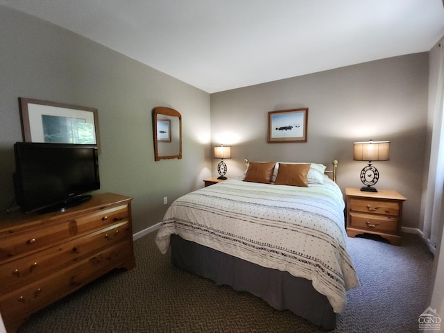 bedroom with dark carpet