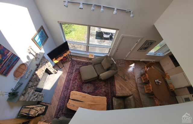 living room featuring hardwood / wood-style floors, a towering ceiling, and track lighting