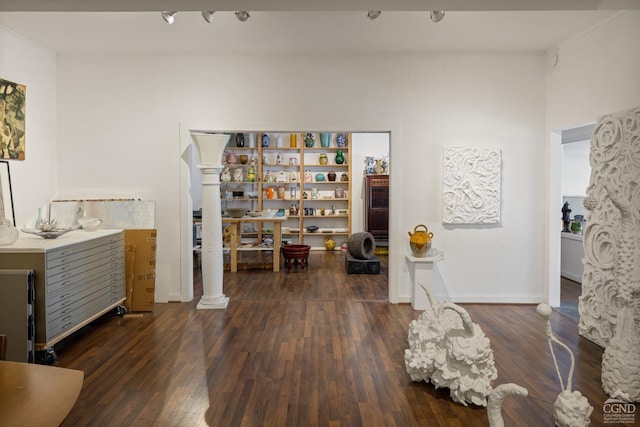 interior space featuring ornate columns and dark wood-type flooring